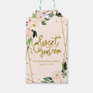 Süße 16 Party Goldfolie Rosafarbenes Florales Geschenkanhänger