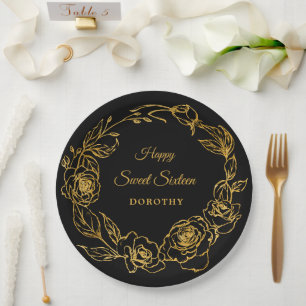 Süße 16-Party Luxe Gold-Rose Floral Schwarz Pappteller