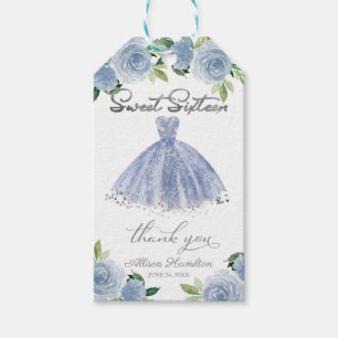 Süße 16 Party Staubblauer silberner Kleid Blumenmu Geschenkanhänger