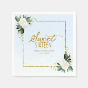 Süße 16 Party Staubig Blau Goldfolie Floral Serviette