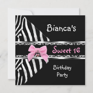 Süße 16 Pink Silber Schwarz Zebra Leopard Geburtst Einladung