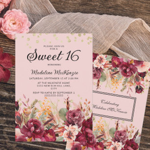 Süße 16 Pinkfarbene Burgunder Blumen Gold Glitter Einladung