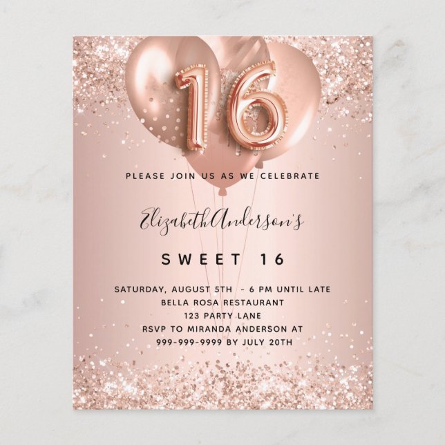 Süße 16 Rose Goldballons - Haushaltseinladung Flyer (Vorne)
