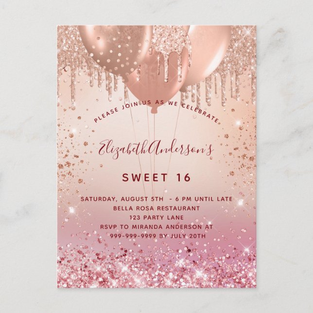 Süße 16 Rose Goldbarren Rosa Ballons Haushaltseinl Einladungspostkarte (Vorderseite)