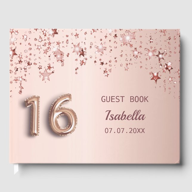 Süße 16 Rose goldene Sterne rosa Gästebuch (Vorderseite)