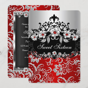 Süße 16 Rot Silber Schwarz Floral Juwel Party Einladung