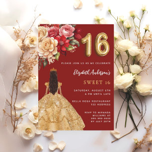 Süße 16 rote goldene Kleid Blumen Rosen Einladung