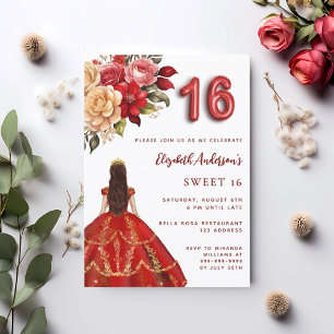 Süße 16 rote goldene Kleid Blumen Rosen weiß Einladung