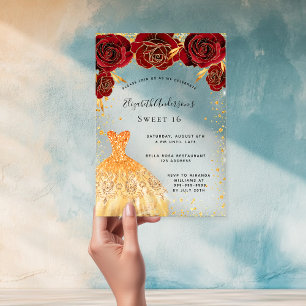 Süße 16 rote Rosen goldenes Kleid Glitter klar Acryleinladungen