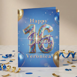 Süße 16 Royal Blau Gold Glitter Ballon Geburtstag Karte