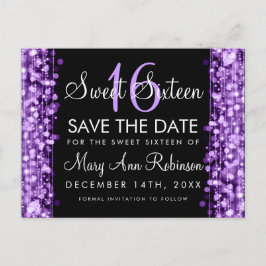 Süße 16 Save the Date Lila Party Glitzern Ankündigungspostkarte
