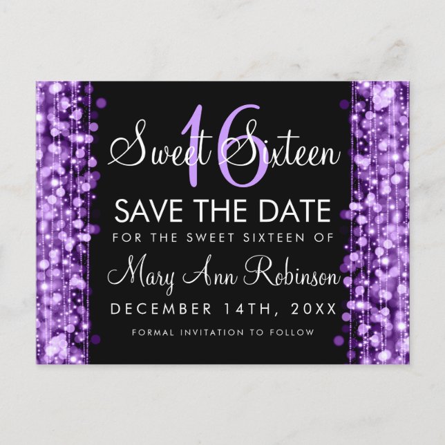 Süße 16 Save the Date Lila Party Glitzern Ankündigungspostkarte (Vorderseite)