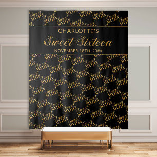 Süße 16 Schwarz-Gold-Geburtstagsfeier Hintergrund Wandteppich