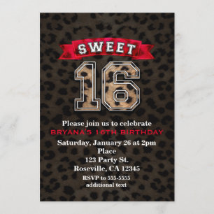 Süße 16 Schwarz & Rot Sport Leopardendruck-Party Einladung