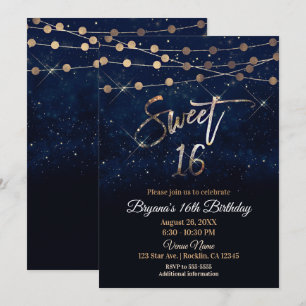 Süße 16 Sechzehn Blau- und Gold-Glitz-Lichter Einladung