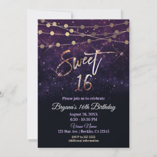 Süße 16 Sechzehn Lila und Gold Glitzerlichter Einladung