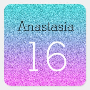 Süße 16 Sechzehn Ombre Pink Blau Lila Glitter Quadratischer Aufkleber