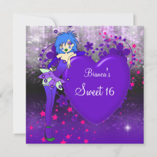 Süße 16 Sechzehn Purple Heart Feen-Rosa Sterne Einladung