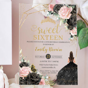 Süße 16 Sechzehn schwarzes Kleid rosa floral Gold Acryleinladungen
