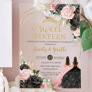Süße 16 Sechzehn schwarzes Kleid rosa floral gold Acryleinladungen