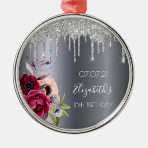 Süße 16 silberne Glittertropfen Blumen Burgunder Ornament Aus Metall