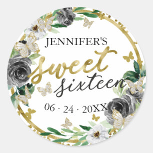 Süße 16 Smaragd-Schwarz-Gold-Blumen-Schmetterling Runder Aufkleber