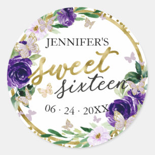 Süße 16 Smaragd Violette Florale Butterfly Runder Aufkleber