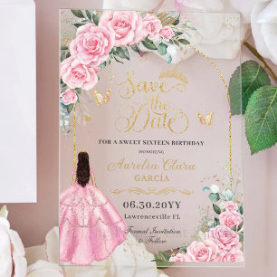 Süße 16 Speichern Sie das Datum Rosa Rosen Florale Acryleinladungen