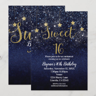 Süße 16 Sterne Nacht Gold Blau Glitzer Himmel Part Einladung