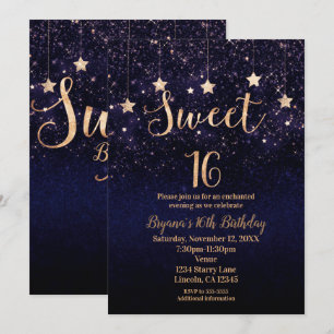 Süße 16 Sterne Nacht Gold Lila Glitzer Party Einladung