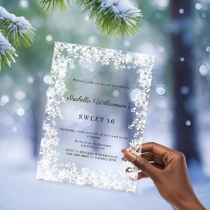 Süße 16 weiße Schneeflocken Winterparty gefrostet Acryleinladungen