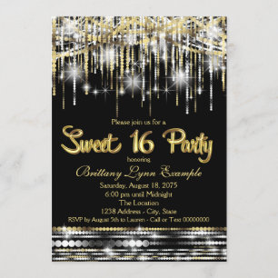 Süße 16er-Party Schwarz und Gold Glamour Glitter Einladung