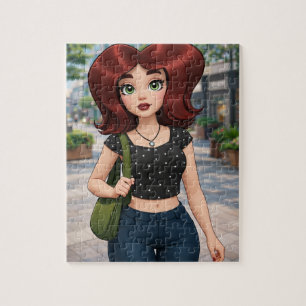 Süße 3D-Cartoon-Girl, die eine Stadtstraße entlang
