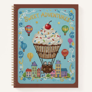 Süße Abenteuer Stickerei Cupcake Heißluftballon Notizbuch
