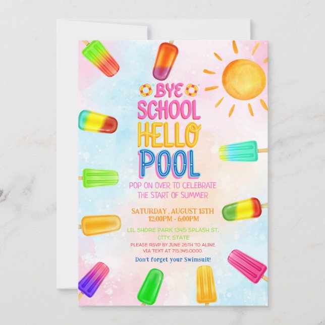 Süße Abschied Schule Hallo Poolparty Einladung (Vorderseite)
