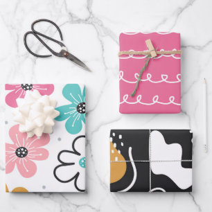 Süße abstrakte Gekritzel Blumen Streifen Geschenkpapier Set