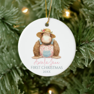 Süße Affenillustration Mädchen erstes Weihnachten Keramik Ornament