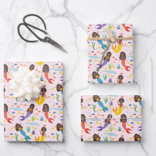 Süße Afroamerikanische Meerjungfrauen Wellen Seest Geschenkpapier Set