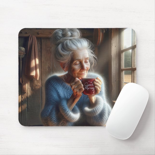 süße alte Dame mit Morgenkaffee Mousepad (Mit Mouse)