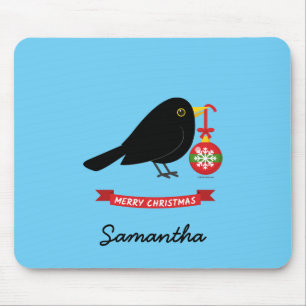 Süße Amsel mit Weihnachtsball und individuellem Na Mousepad