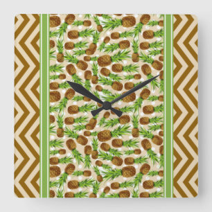 Süße Ananas-Polka-Punkte und Chevron-Braun Quadratische Wanduhr