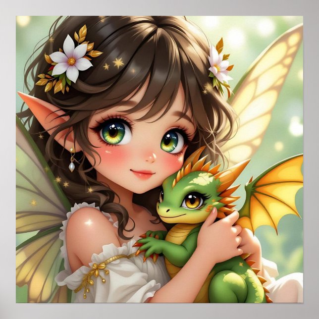Süße Anime-Fee und Chibi-Drache  Poster (Vorne)