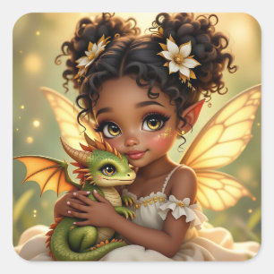 Süße Anime-Fee und Chibi-Drache Quadratischer Aufkleber