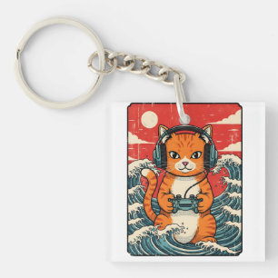 Süße Anime-Gamer-Katze Japanisches Gaming Retro Schlüsselanhänger