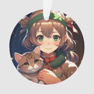 Süße Anime-Girl mit einem Kätzchen zu Weihnachten Ornament