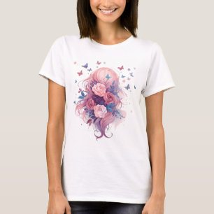 Süße Anime-Girl mit rosa Haaren, Blumen und Schmet T-Shirt