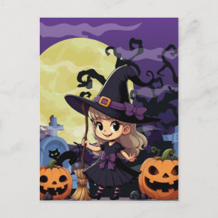 Süße Anime-Halloween-Hexe Postkarte
