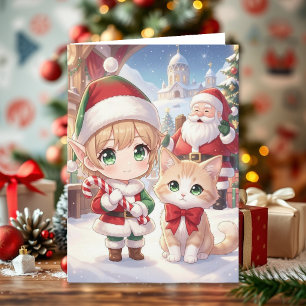 Süße Anime-Kinder-Weihnachts- und Malvorlage Karte