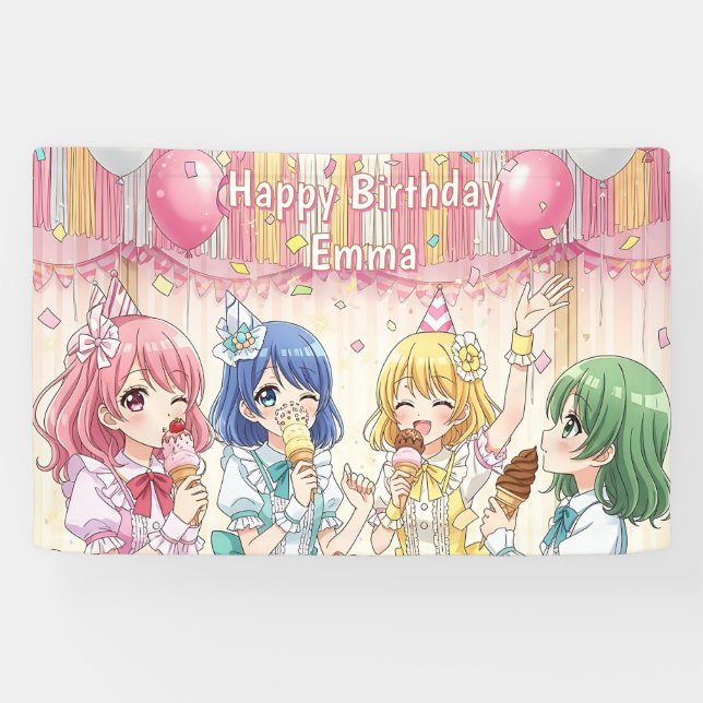 Süße Anime-Mädchen-Eiscreme-Geburtstagsfeier   Banner (Horizontal)