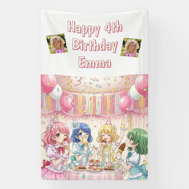 Süße Anime-Mädchen-Eiscreme-Geburtstagsfeier   Banner (Vertikal)